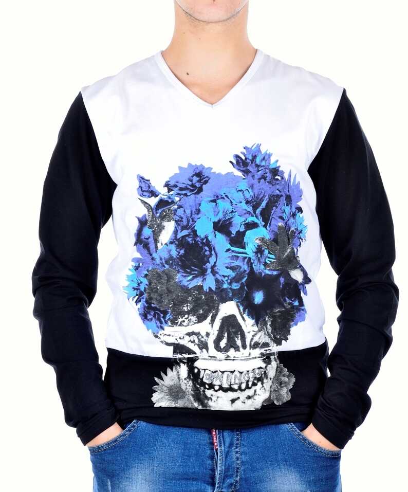 Kingz trendy slim fit v-hals heren skulls sweatshirt Wit