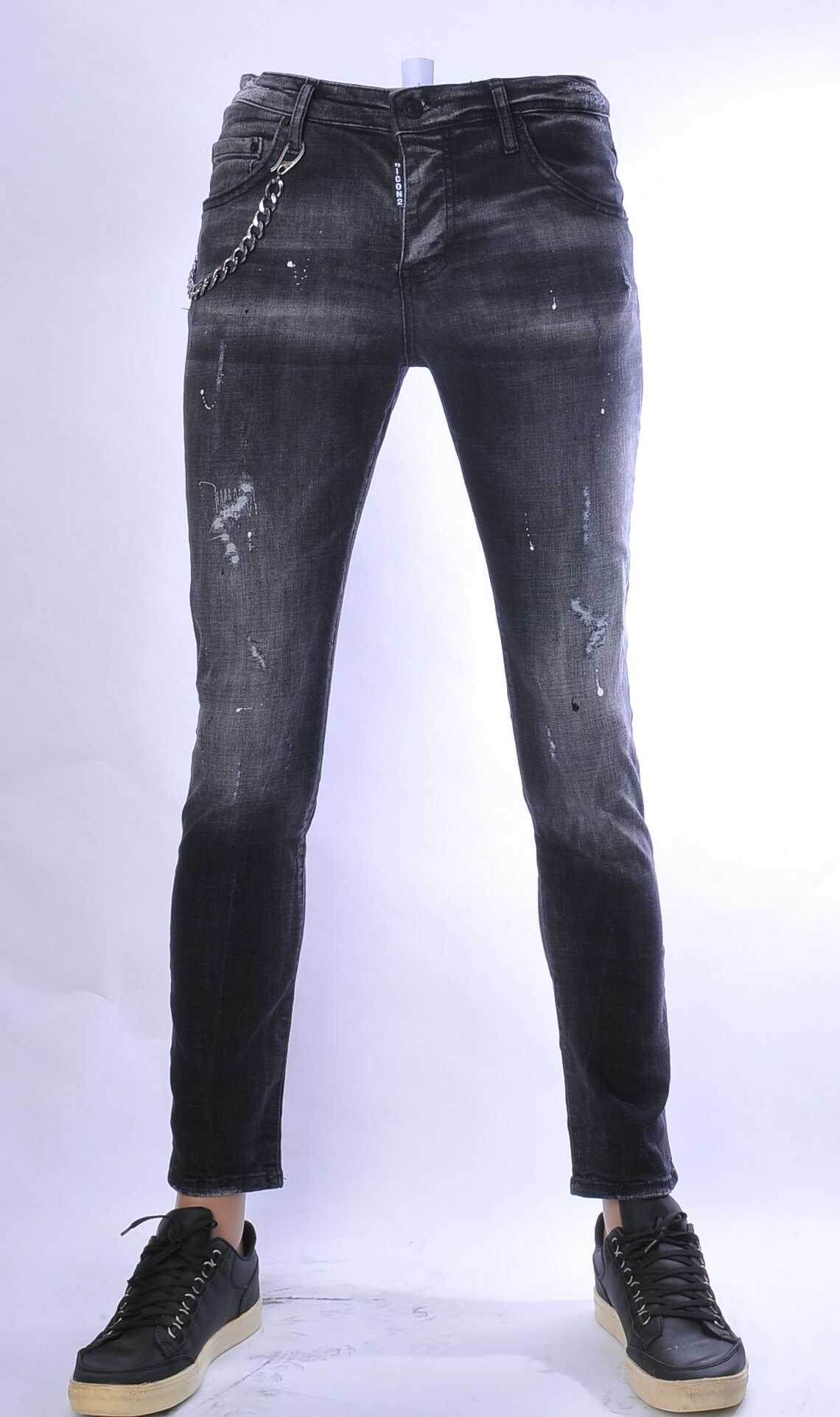 ICON2 hippie gescheurde slim fit stretch heren jeans met verfspatten Zwart