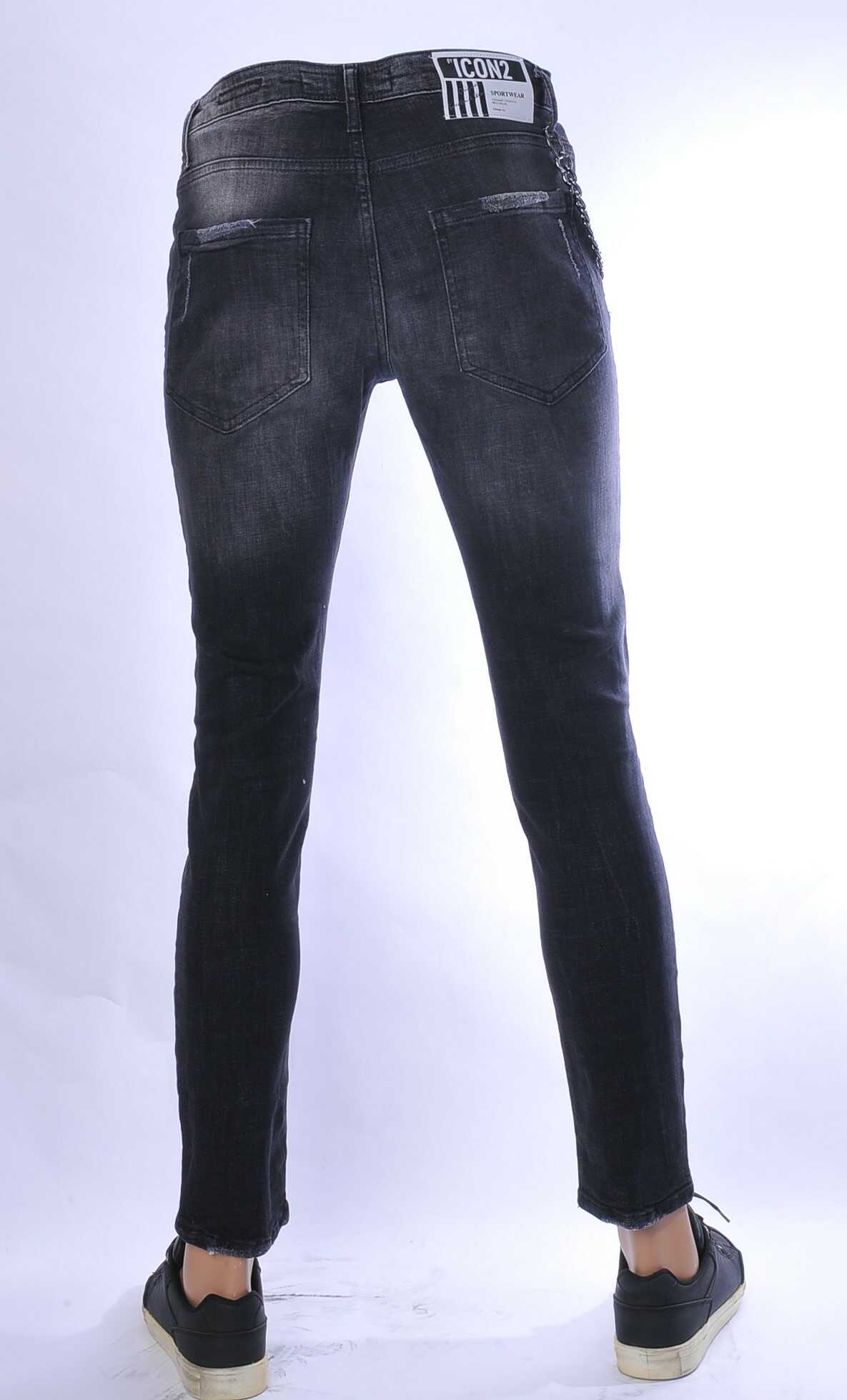 ICON2 hippie gescheurde slim fit stretch heren jeans met verfspatten Zwart