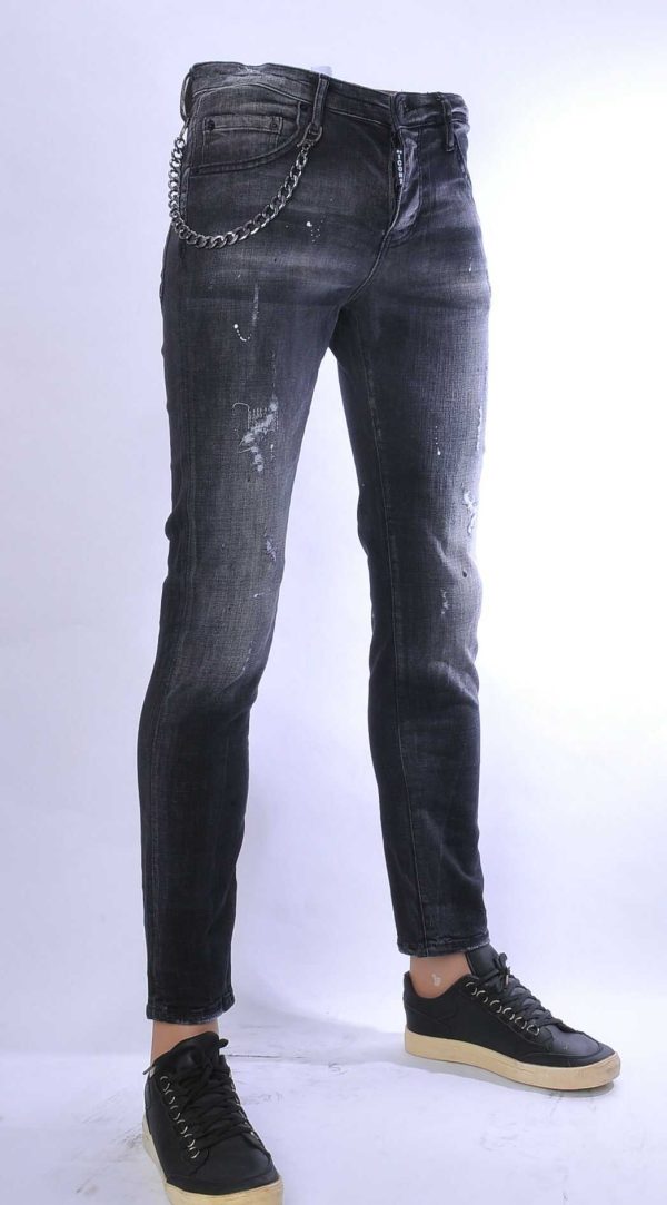 ICON2 hippie gescheurde slim fit stretch heren jeans met verfspatten Zwart