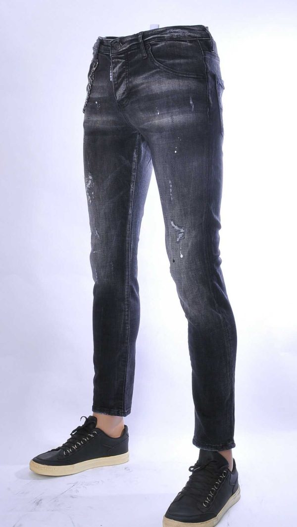 ICON2 hippie gescheurde slim fit stretch heren jeans met verfspatten Zwart