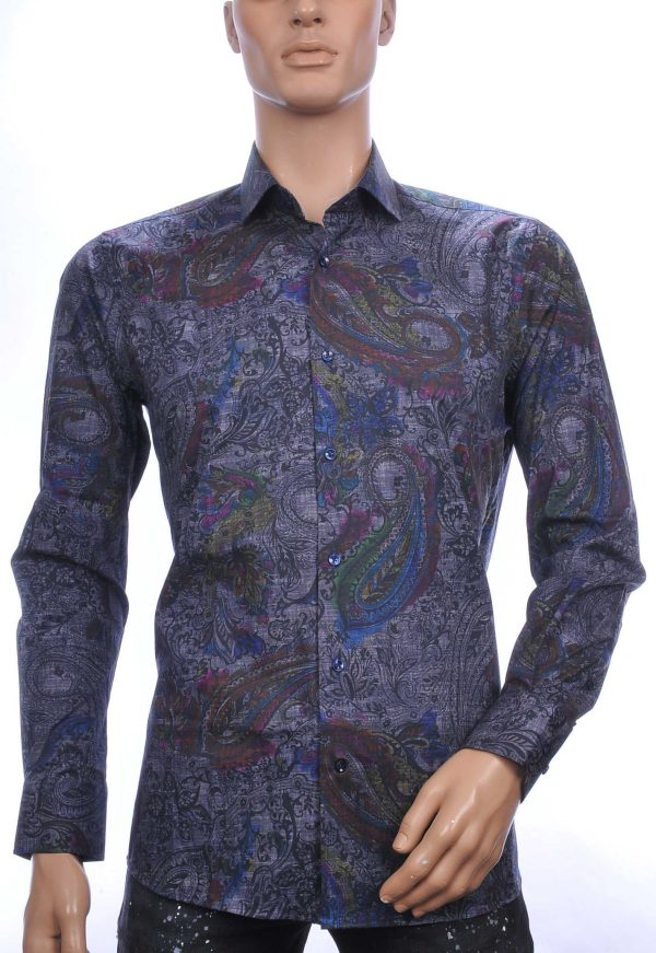 Corrino Blue Industry Wolff Blitz Moncler DIOR Philipp Plein PRADA Louis Vuitton GUCCI VERSACE KENZO Dsquared2 Levi's CHASIN G-STAR DOLCE & GABBANA DIESEL PME LEGEND WAM DENIM LACOSTE modern fit allover paisley dessin heren overhemd Antraciet