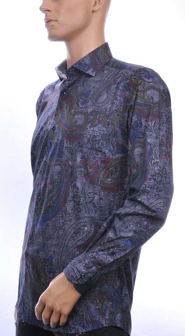 Corrino Blue Industry Wolff Blitz Moncler DIOR Philipp Plein PRADA Louis Vuitton GUCCI VERSACE KENZO Dsquared2 Levi's CHASIN G-STAR DOLCE & GABBANA DIESEL PME LEGEND WAM DENIM LACOSTE modern fit allover paisley dessin heren overhemd Antraciet