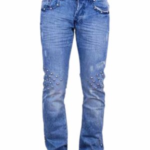 blauwe heren jeans met studs en regular fit pasvorm