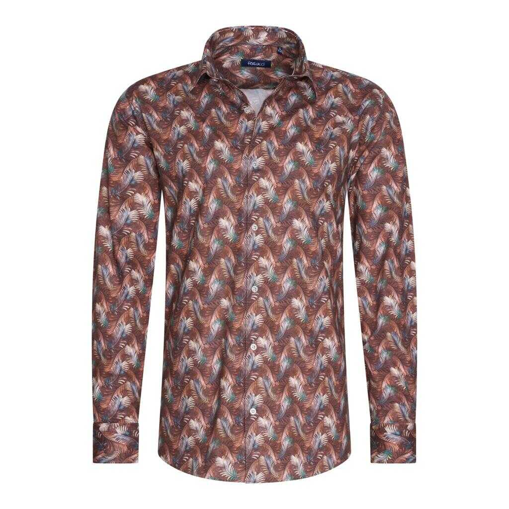 FERLUCCI Trendy Getailleerd Slim Fit Heren Overhemd Met Allover Veren Dessin - Bruin