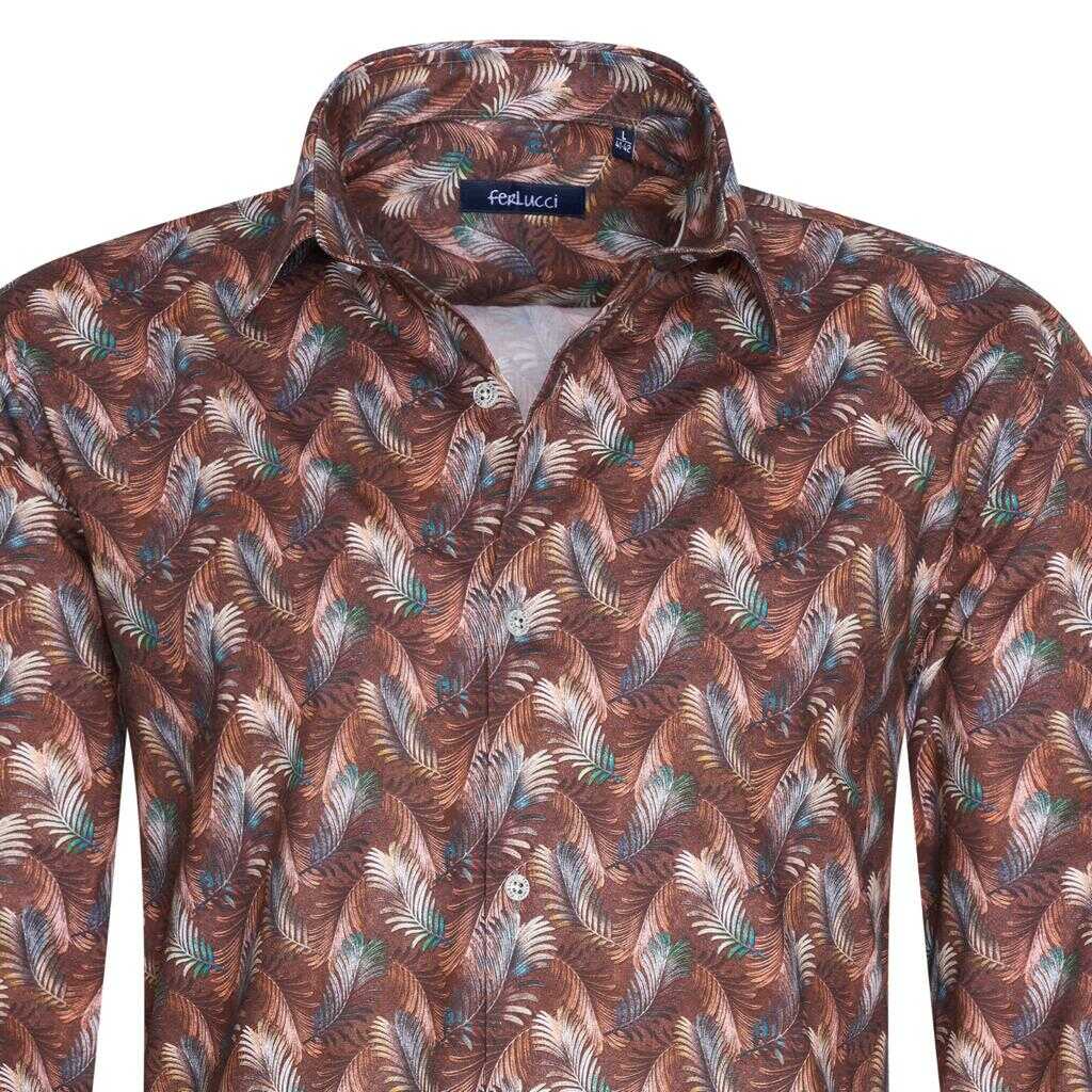 FERLUCCI Trendy Getailleerd Slim Fit Heren Overhemd Met Allover Veren Dessin - Bruin