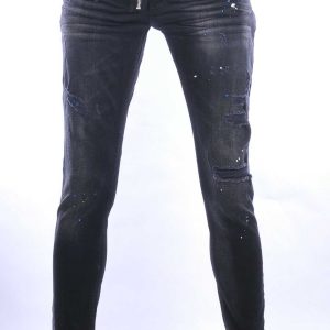 ICON2 hippie gescheurde slim fit stretch heren jeans met sierrits Zwart
