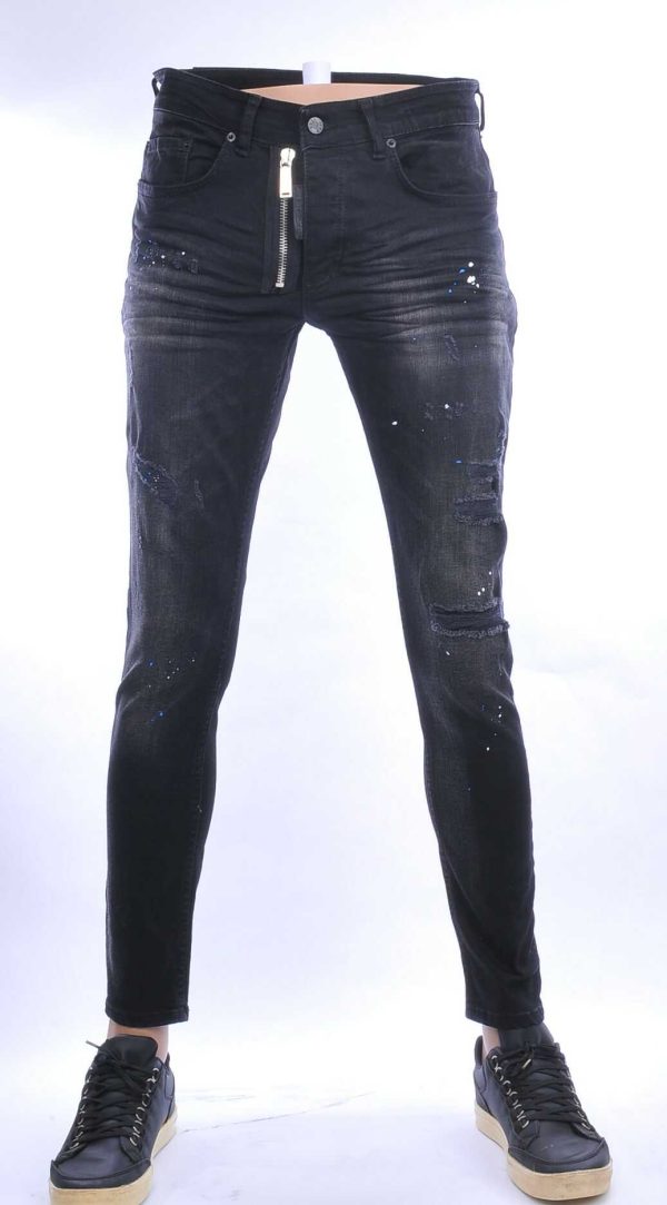 ICON2 hippie gescheurde slim fit stretch heren jeans met sierrits Zwart