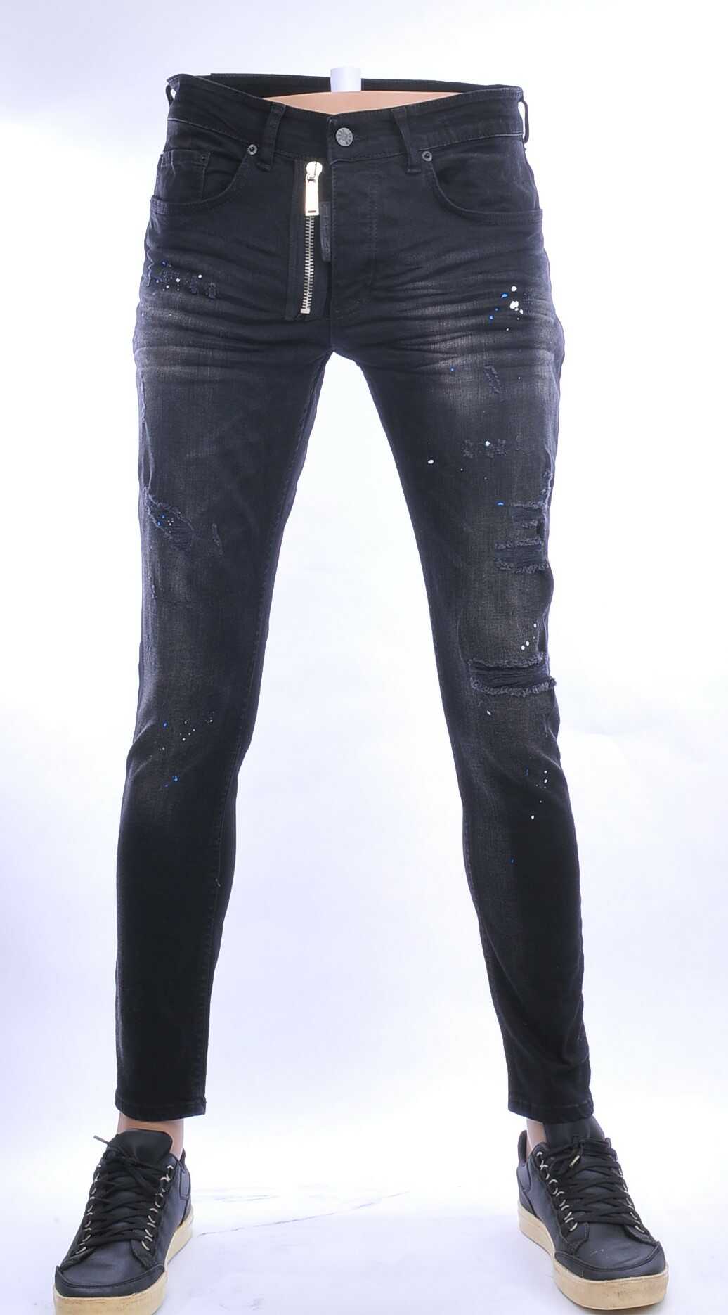 ICON2 hippie gescheurde slim fit stretch heren jeans met sierrits Zwart