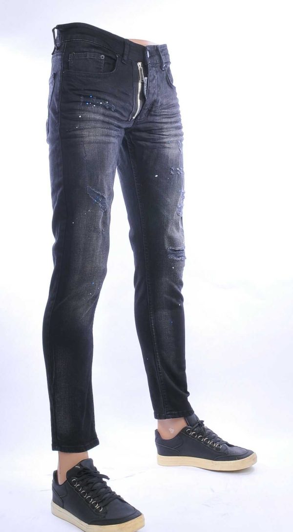 ICON2 hippie gescheurde slim fit stretch heren jeans met sierrits Zwart