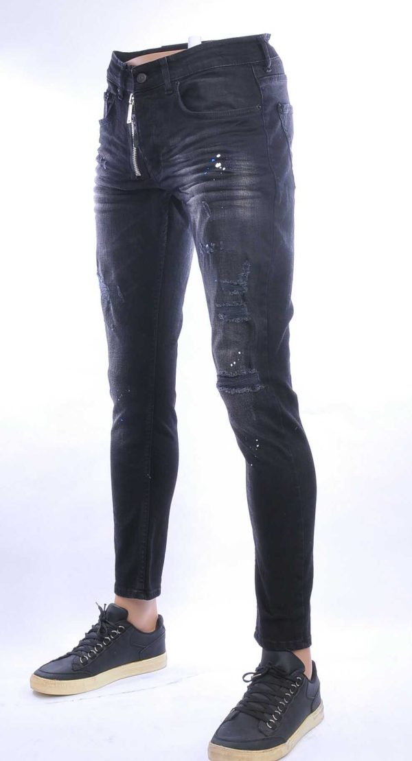 ICON2 hippie gescheurde slim fit stretch heren jeans met sierrits Zwart