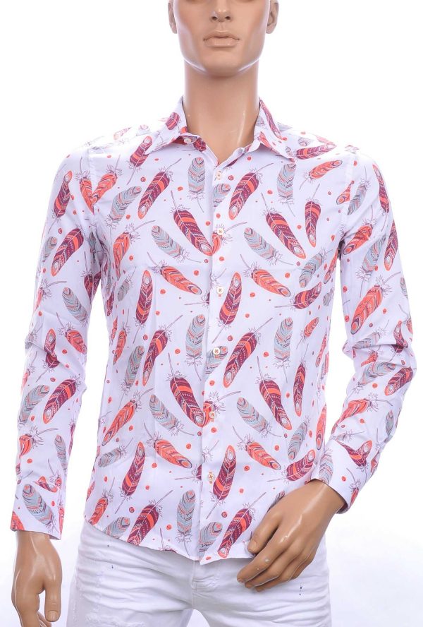 KICKDOWN slim fit allover indiaan veren dessin heren casual overhemd Wit