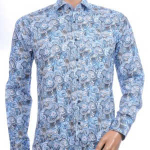 Corrino Italiaanse getailleerd slim fit allover paisley dessin heren overhemd Blauw
