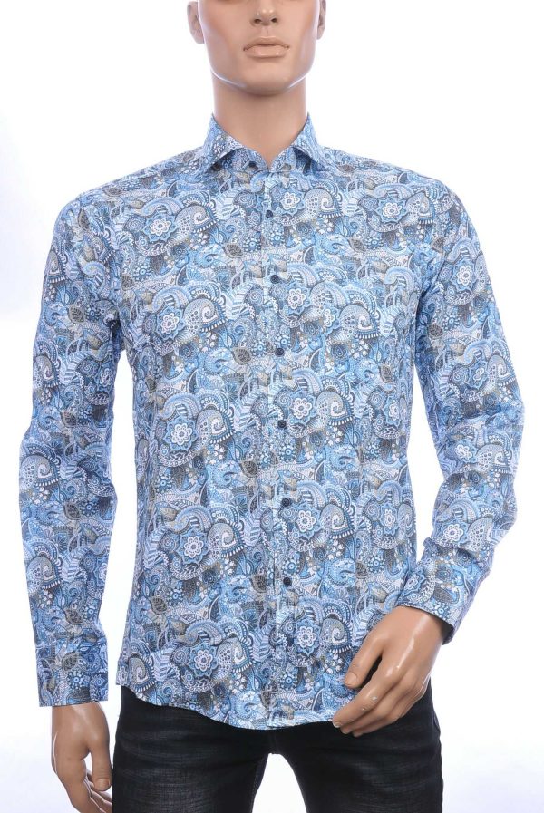 Corrino Italiaanse getailleerd slim fit allover paisley dessin heren overhemd Blauw