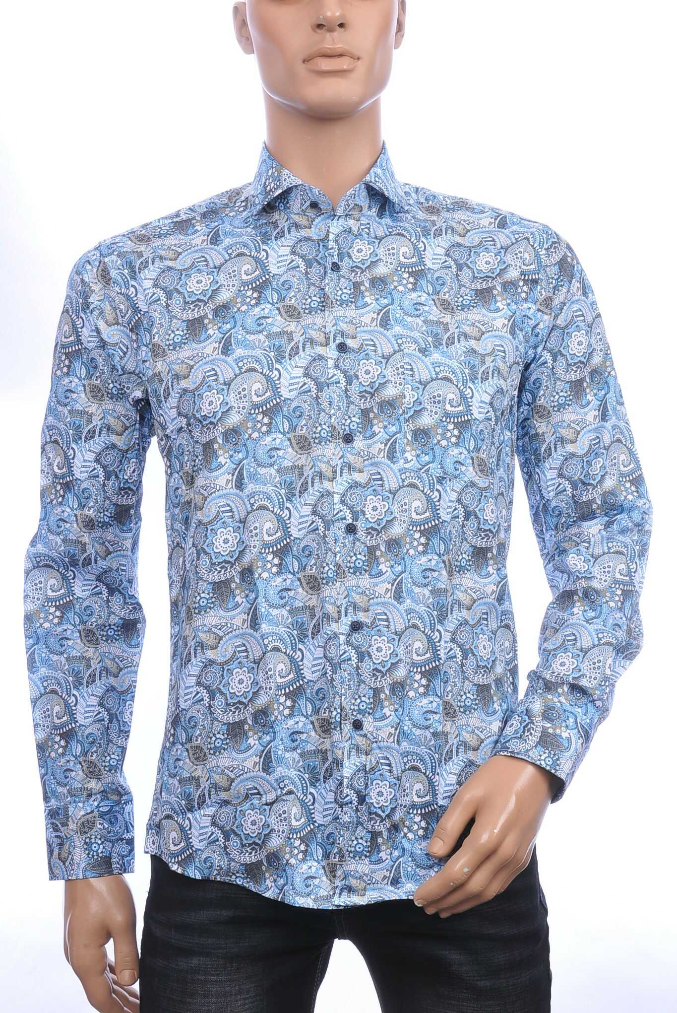 Corrino Italiaanse regular fit allover paisley dessin heren overhemd Blauw