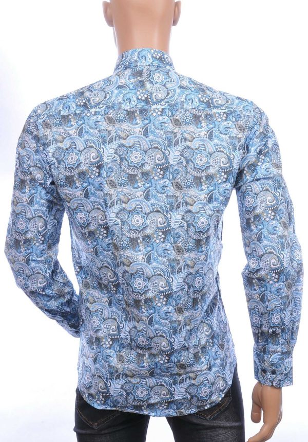 Corrino Italiaanse getailleerd slim fit allover paisley dessin heren overhemd Blauw