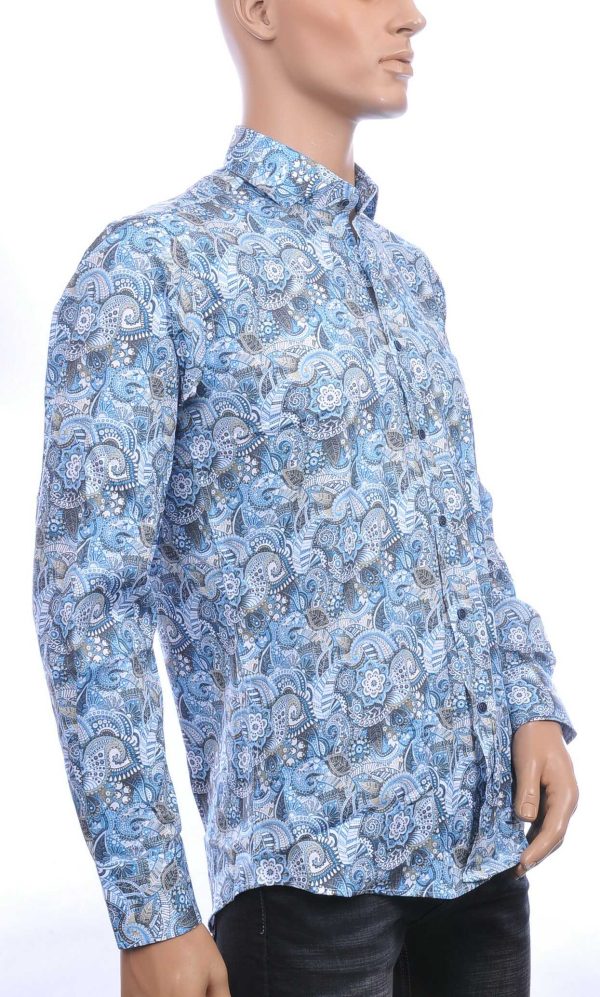 Corrino Italiaanse getailleerd slim fit allover paisley dessin heren overhemd Blauw