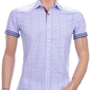 GABANO slim fit allover multi kleur fashion dessin korte mouwen heren gestreept overhemd Blauw