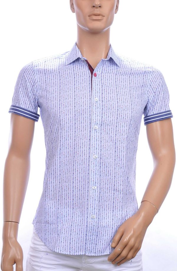 GABANO slim fit allover multi kleur fashion dessin korte mouwen heren gestreept overhemd Blauw