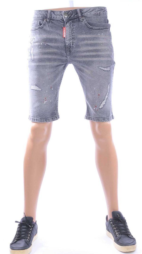 ICON Hippie Gescheurde Slim Fit Heren Korte Spijkerbroek met Verfvlekjes – Antraciet Grijs | Trendy & Comfortabel