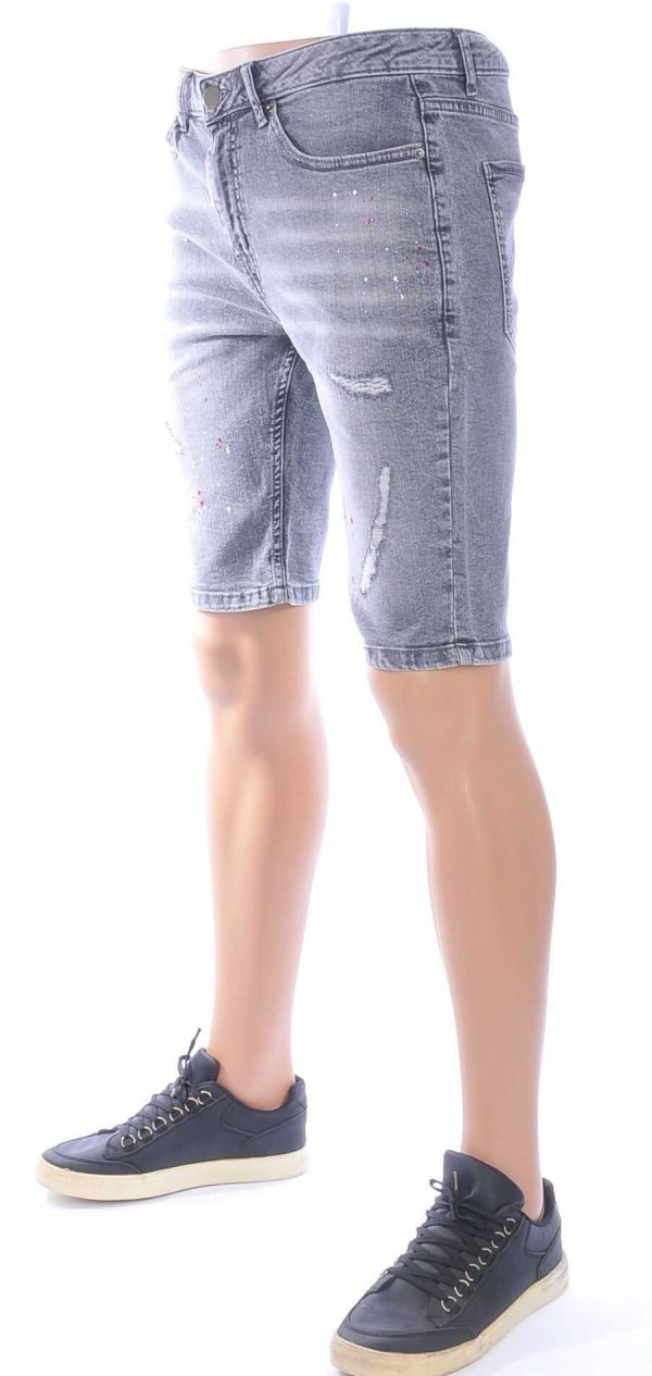ICON Hippie Gescheurde Slim Fit Heren Korte Spijkerbroek met Verfvlekjes – Antraciet Grijs | Trendy & Comfortabel