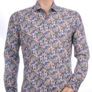 JUST MEN Italiaanse slim fit allover bladeren dessin heren overhemd Khaki