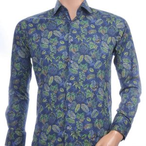 CARTER DAVIS Italiaanse slim fit allover bladeren dessin heren overhemd Navy