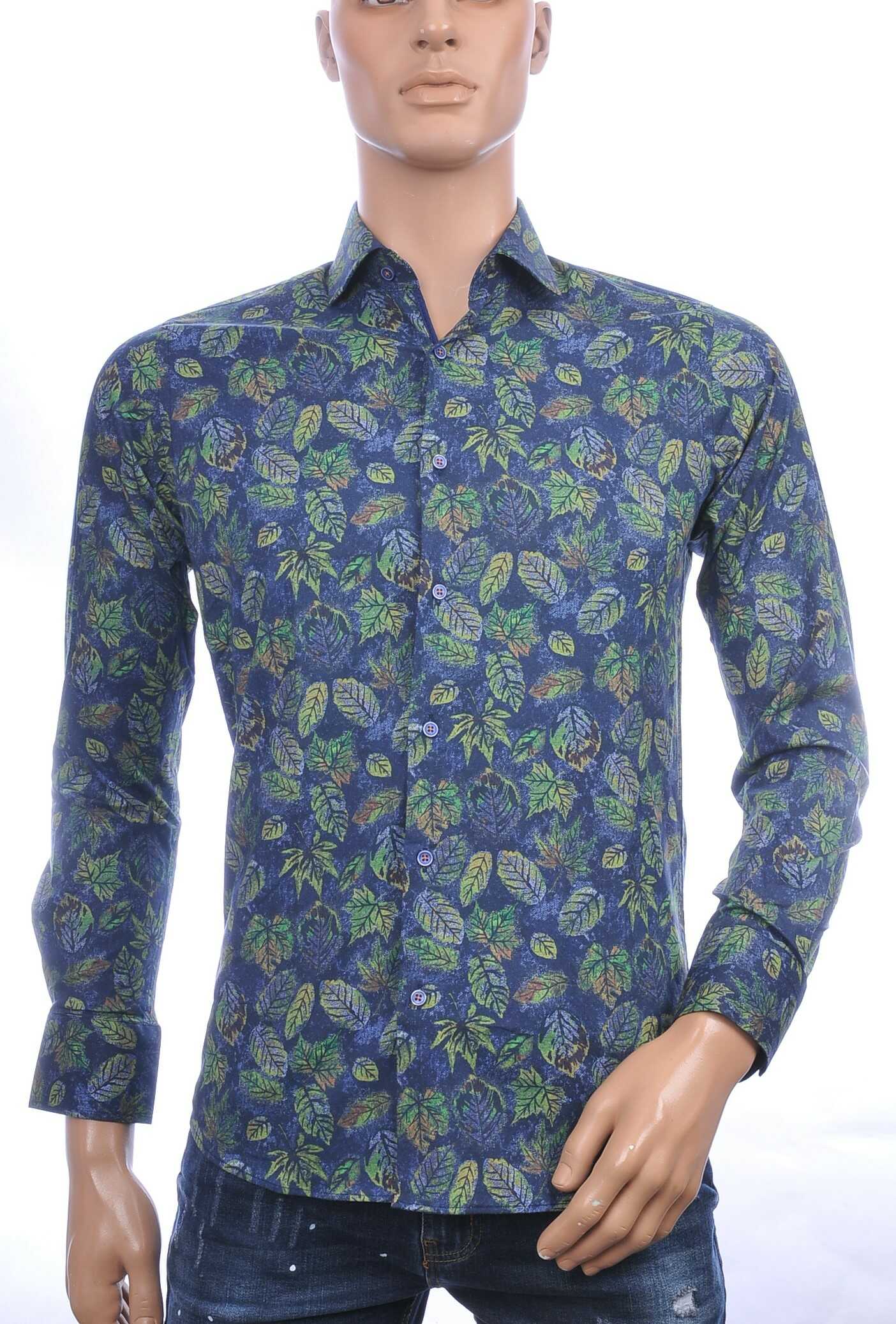 CARTER DAVIS Italiaanse slim fit allover bladeren dessin heren overhemd Navy