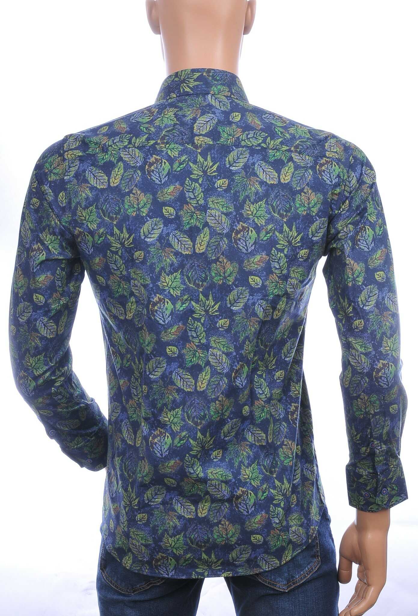 CARTER DAVIS Italiaanse slim fit allover bladeren dessin heren overhemd Navy