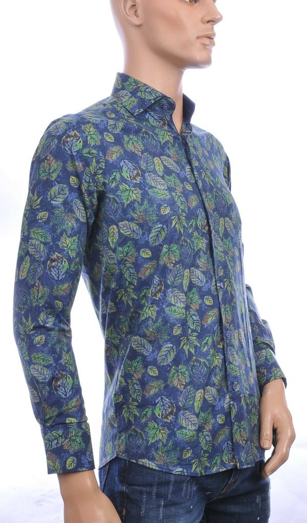 CARTER DAVIS Italiaanse slim fit allover bladeren dessin heren overhemd Navy