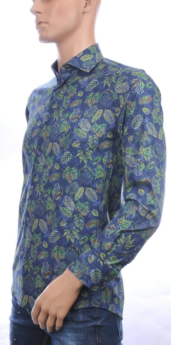 CARTER DAVIS Italiaanse slim fit allover bladeren dessin heren overhemd Navy
