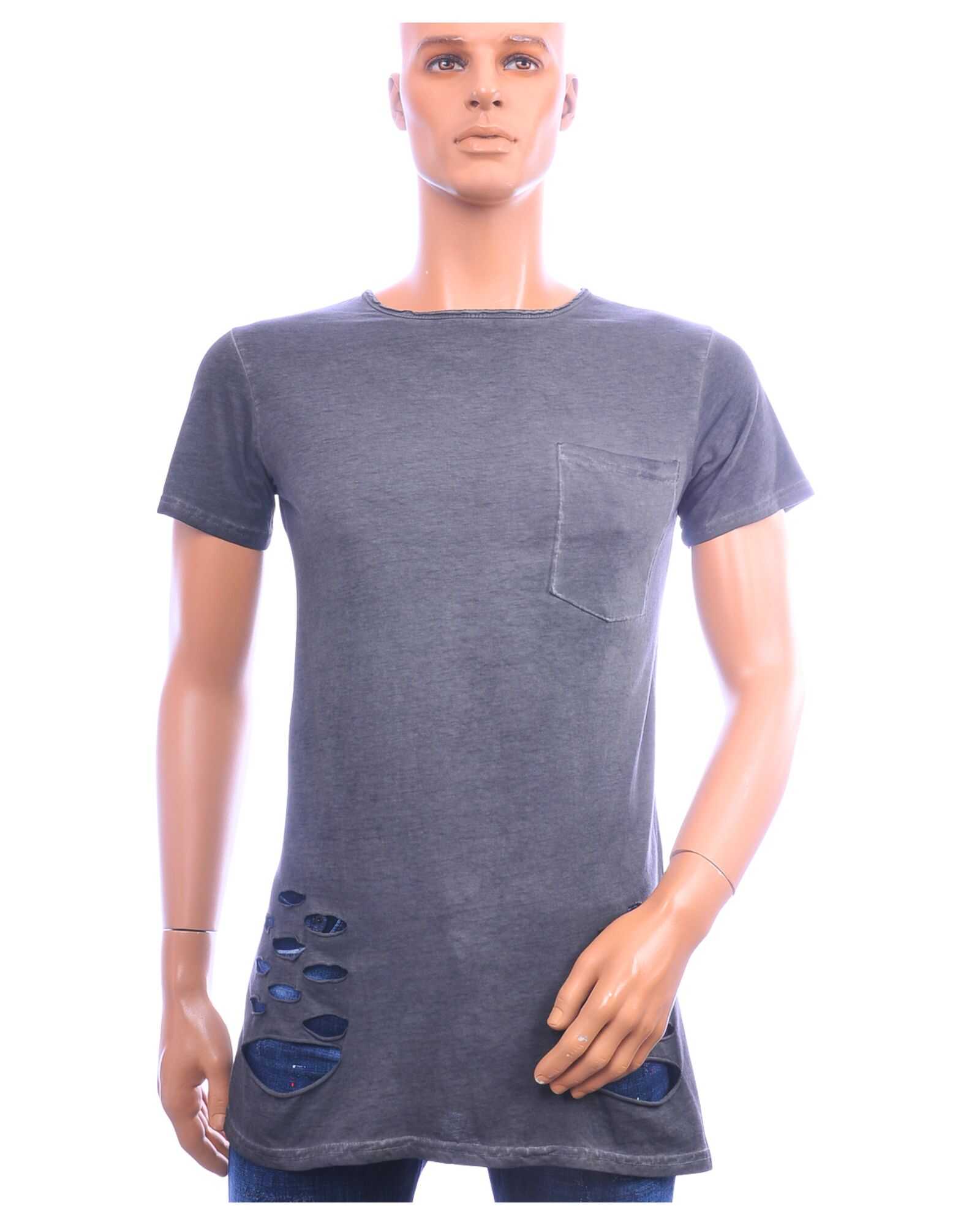 San Tiago longline T-shirt heren antraciet met borstzak en distressed details