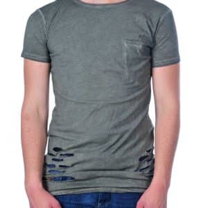 San Tiago longline T-shirt heren khaki slim fit met distressed details
