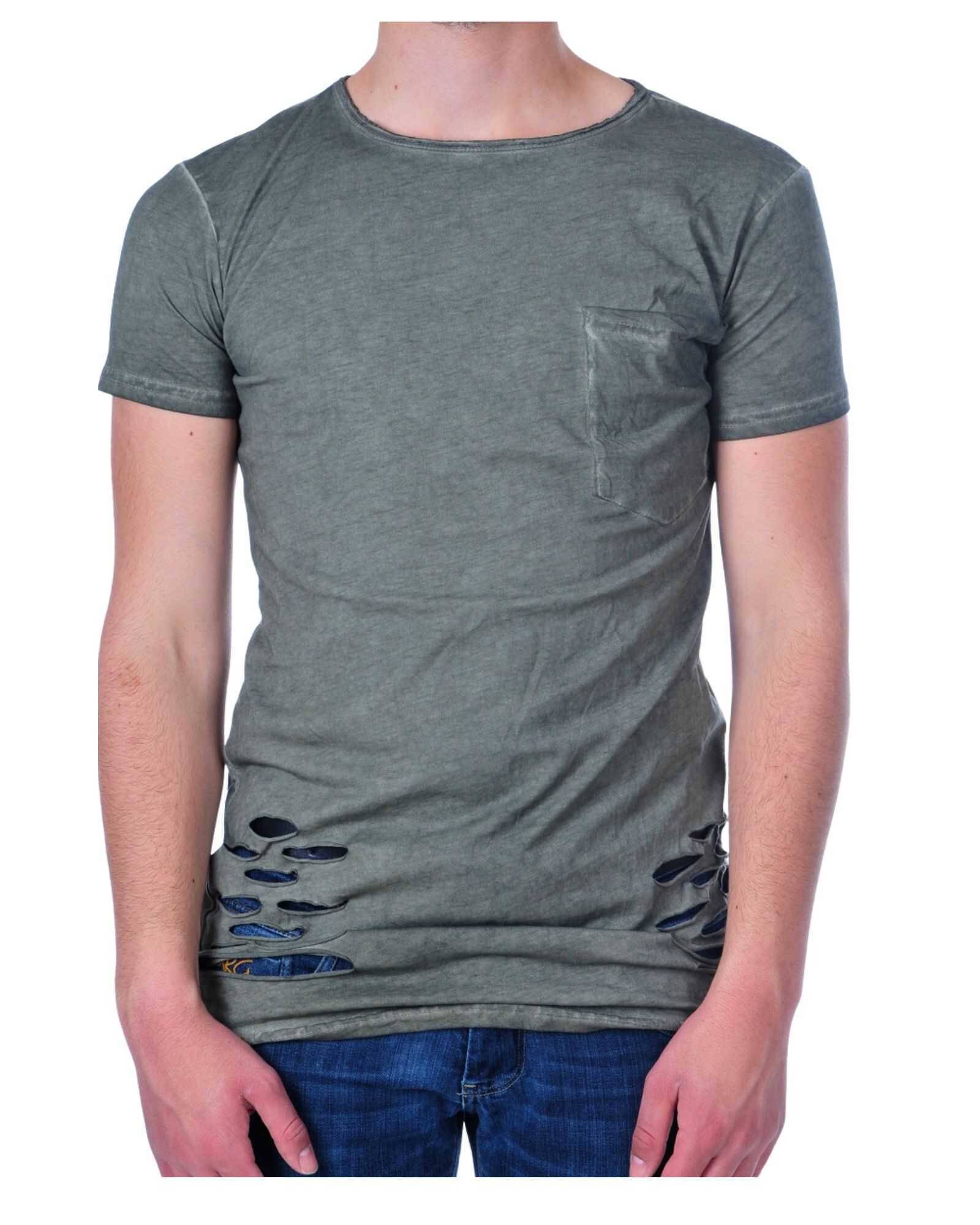 San Tiago longline T-shirt heren khaki slim fit met distressed details