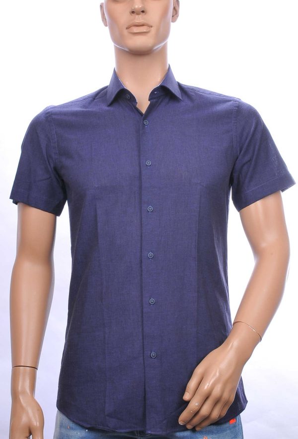 CORRINO slim fit effen kleur heren overhemd met korte mouwen Navy