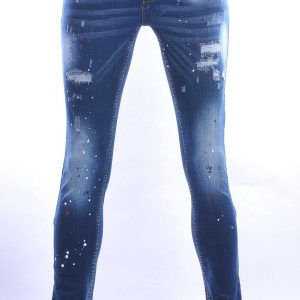 ICON gescheurde slim fit stretch heren jeans met verfspatten Blauw