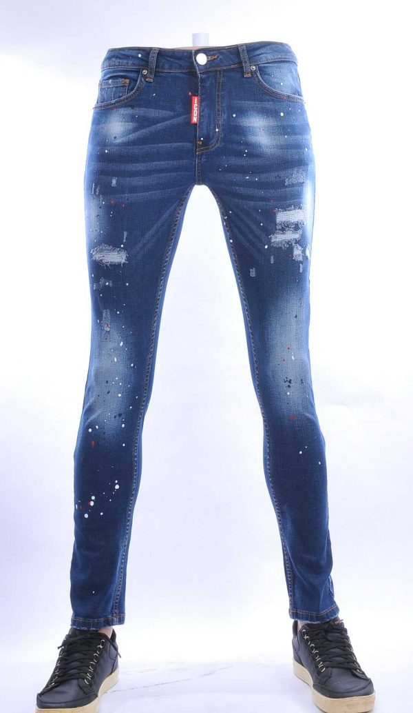 ICON gescheurde slim fit stretch heren jeans met verfspatten Blauw