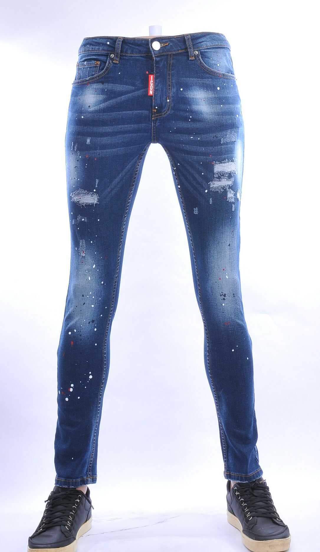 ICON gescheurde slim fit stretch heren jeans met verfspatten Blauw