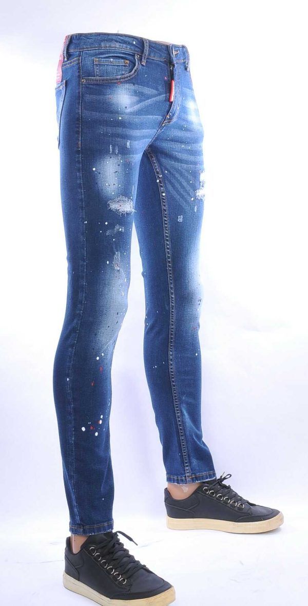 ICON gescheurde slim fit stretch heren jeans met verfspatten Blauw