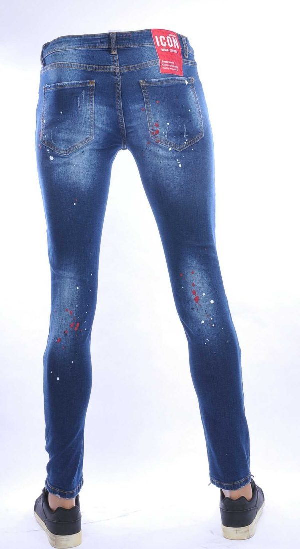 ICON gescheurde slim fit stretch heren jeans met verfspatten Blauw