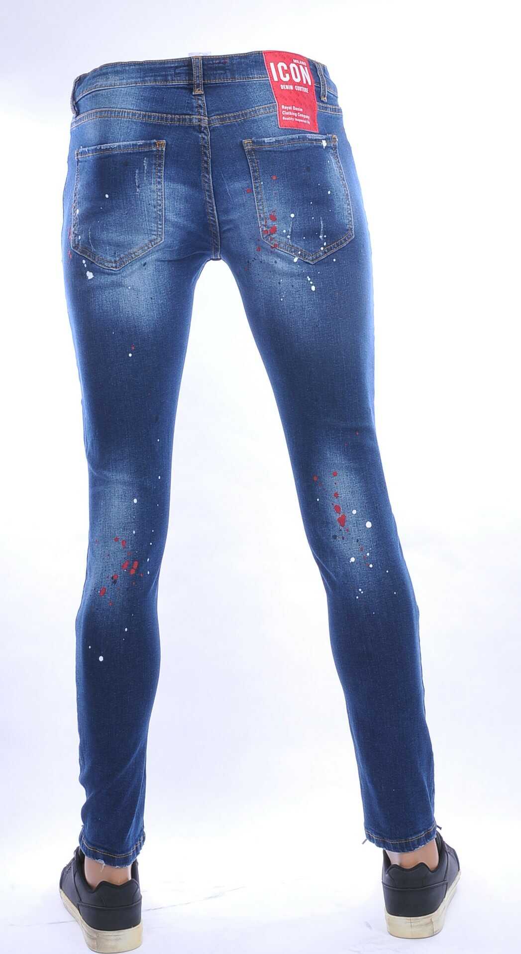 ICON gescheurde slim fit stretch heren jeans met verfspatten Blauw