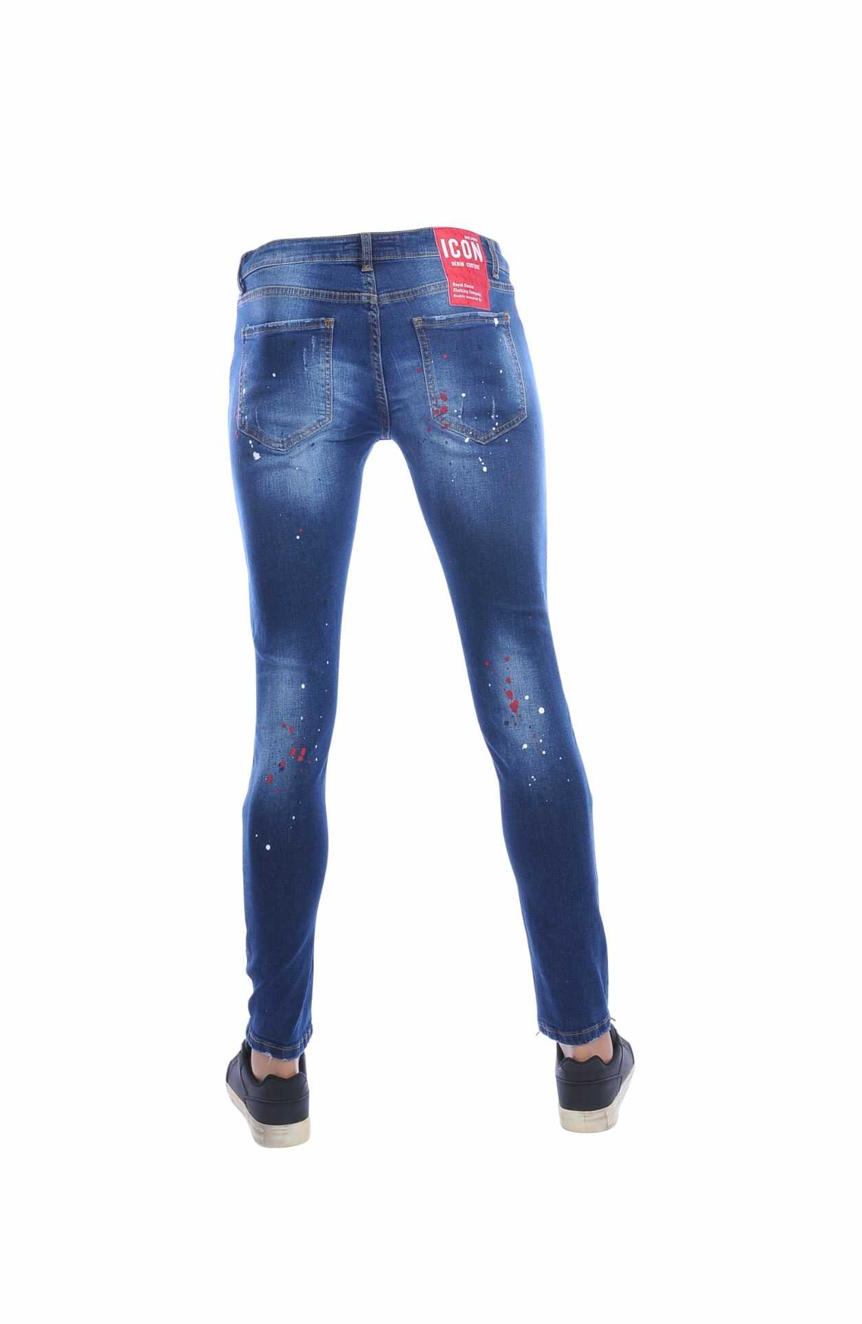 ICON heren jeans, slim fit stretch jeans heren, gescheurde heren jeans blauw, ICON destroyed jeans, skinny jeans met verfspatten, heren spijkerbroek slim fit, stretch denim jeans heren, heren jeans kopen Nijmegen, ICON jeans aanbieding, stoere heren jeans online kopen, goedkoop jeans bestellen