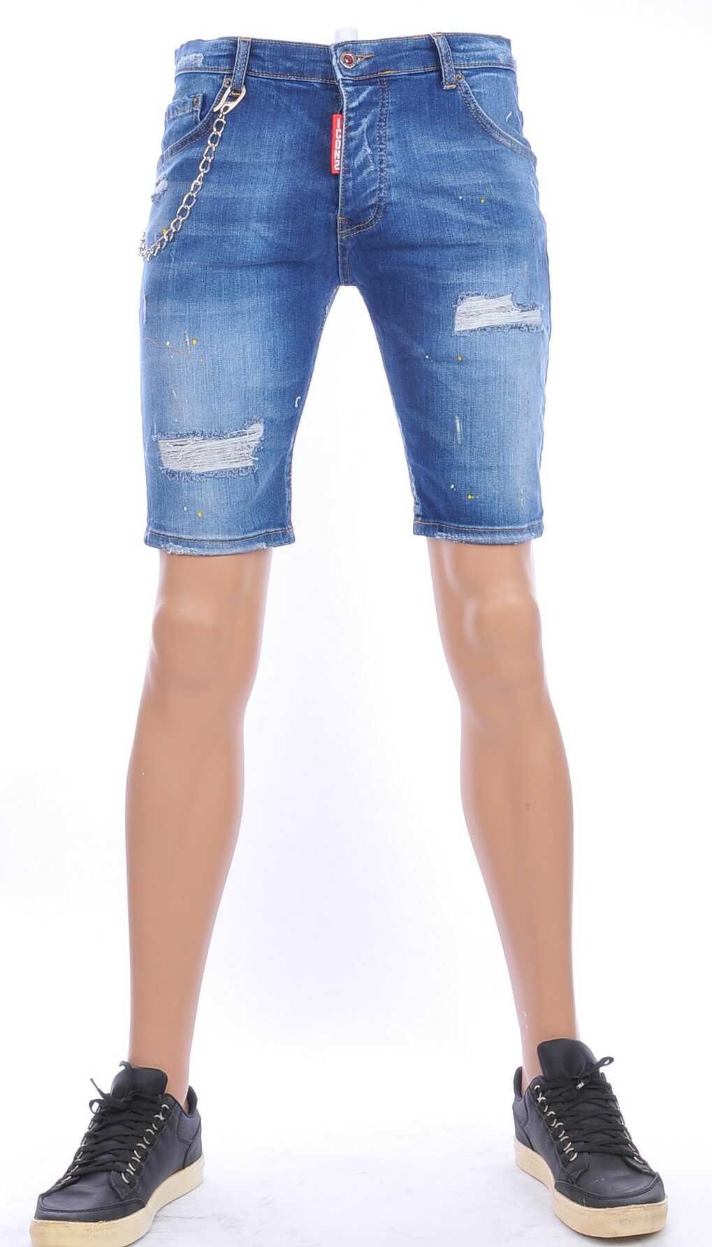 ICON2 hippie gescheurde slim fit heren korte spijkerbroek met verfvlekjes Blauw