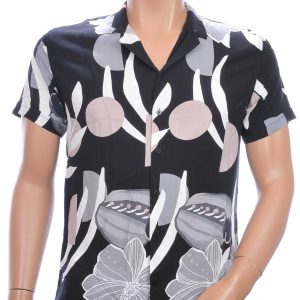 MARRAKECH trendy allover bloemen dessin heren korte mouwen overhemd Zwart