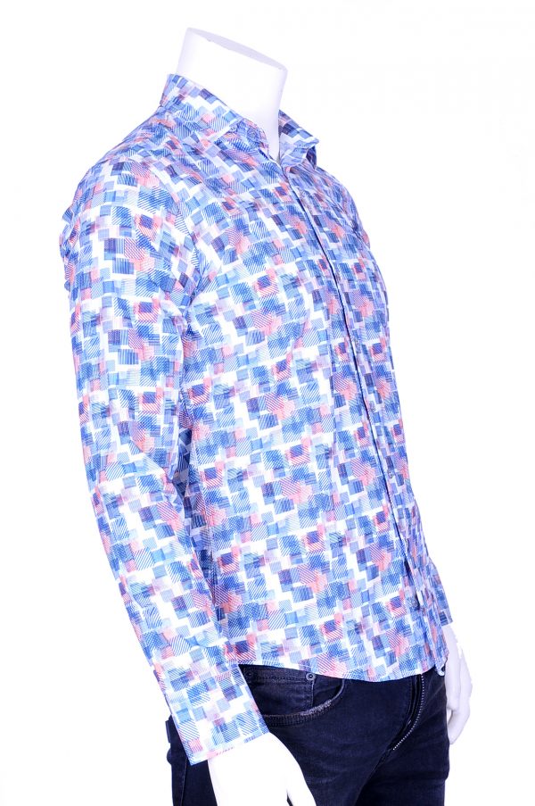 Ferlucci trendy slim fit geblokten heren overhemd met funky dessin, F343 Blauw