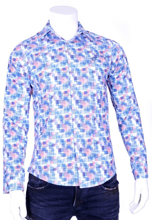 Ferlucci trendy slim fit geblokten heren overhemd met funky dessin, F343 Blauw