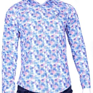 Ferlucci Trendy Getailleerd Slim Fit Heren Overhemd met Allover Blokjes Dessin - Blauw