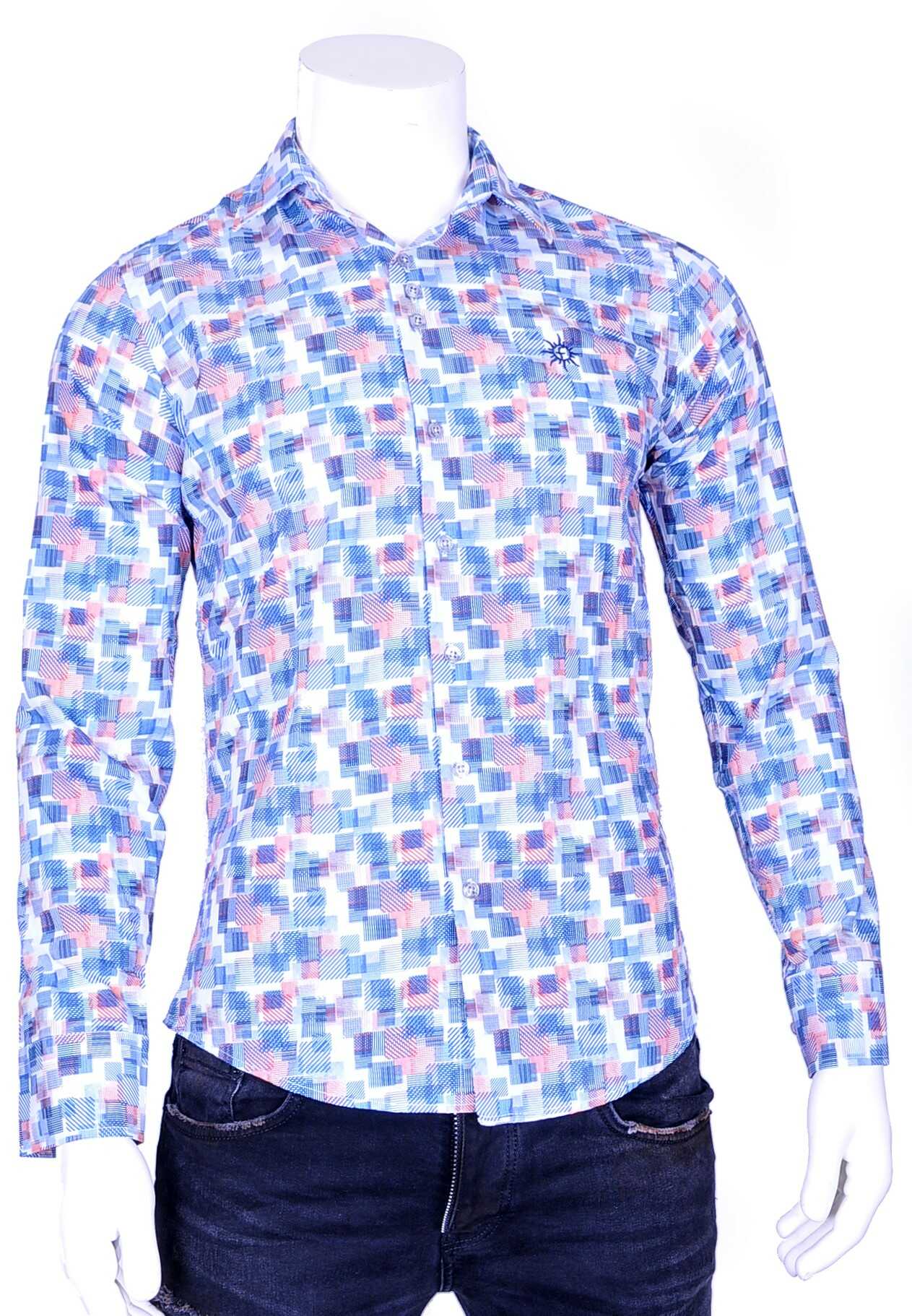 Ferlucci Trendy Getailleerd Slim Fit Heren Overhemd met Allover Blokjes Dessin - Blauw