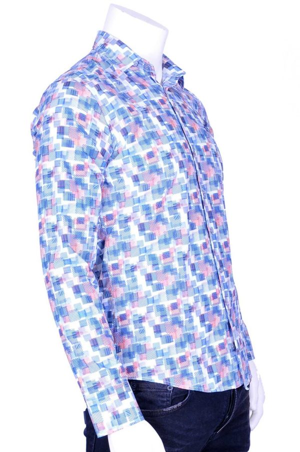 Ferlucci Trendy Getailleerd Slim Fit Heren Overhemd met Allover Blokjes Dessin - Blauw