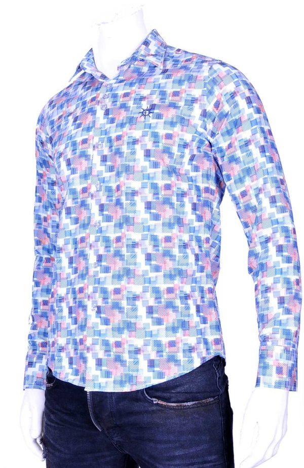 Ferlucci Trendy Getailleerd Slim Fit Heren Overhemd met Allover Blokjes Dessin - Blauw